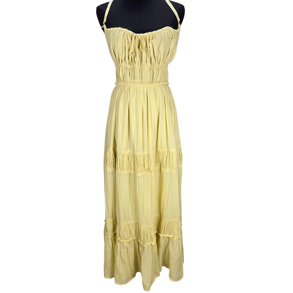 Women's Free People Taking Sides Butter Yellow Cotton Tiered Maxi Dress Boho